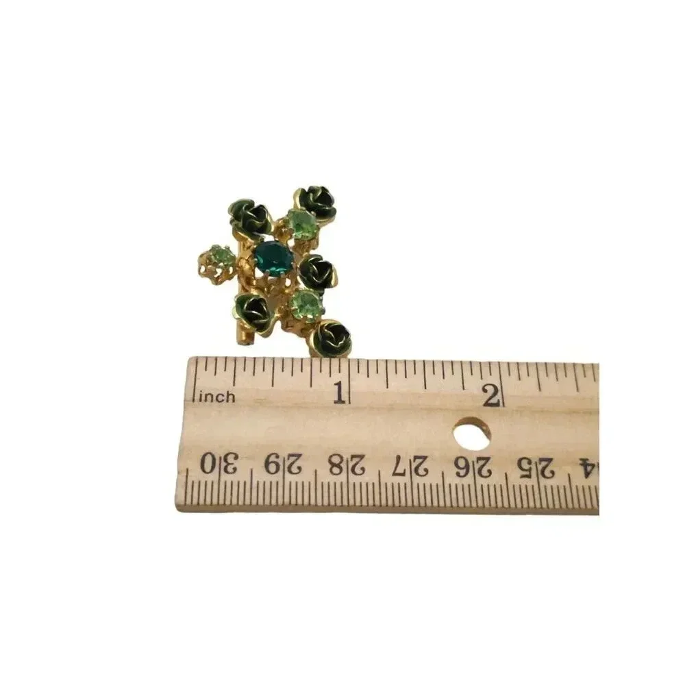 Austrian Green Crystal Enamel Flower Brooch Pin Gold Tone Vintage